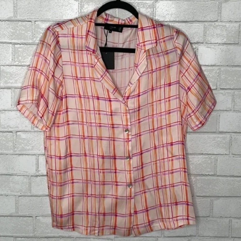 NWT FRNCH Chelly Windowpane Plaid Short Sleeve Shirt - Picture 3 of 14